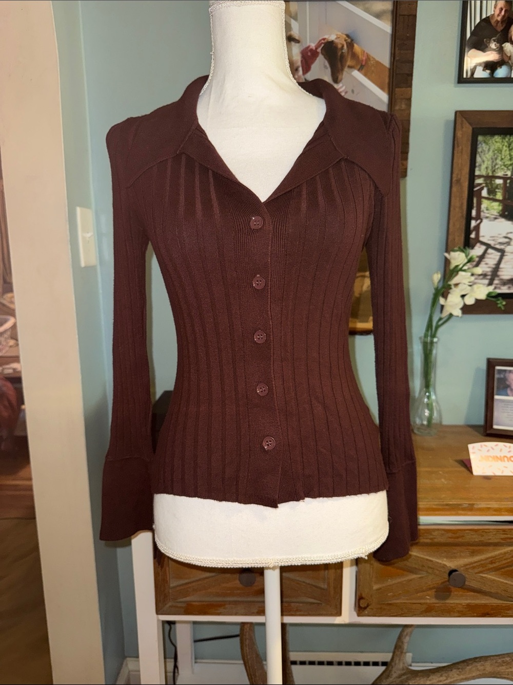 Urban Outfitters Women's Brownish Burgundy Ribbed Button-Up Collared Sweater S